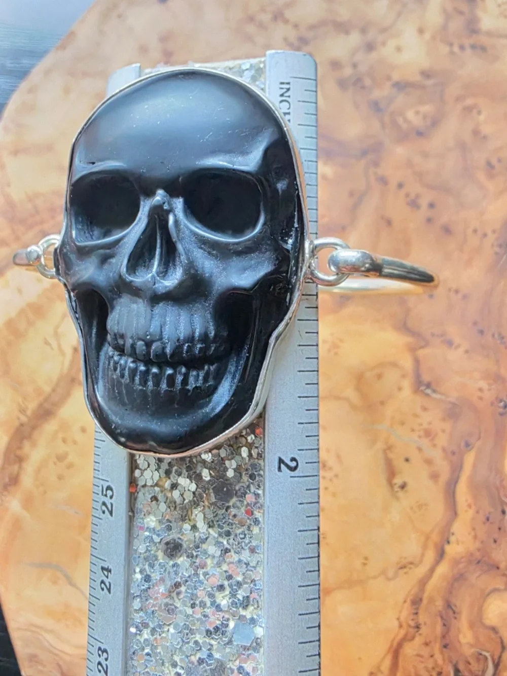 Obsidian & Fine Silver Skull Bangle